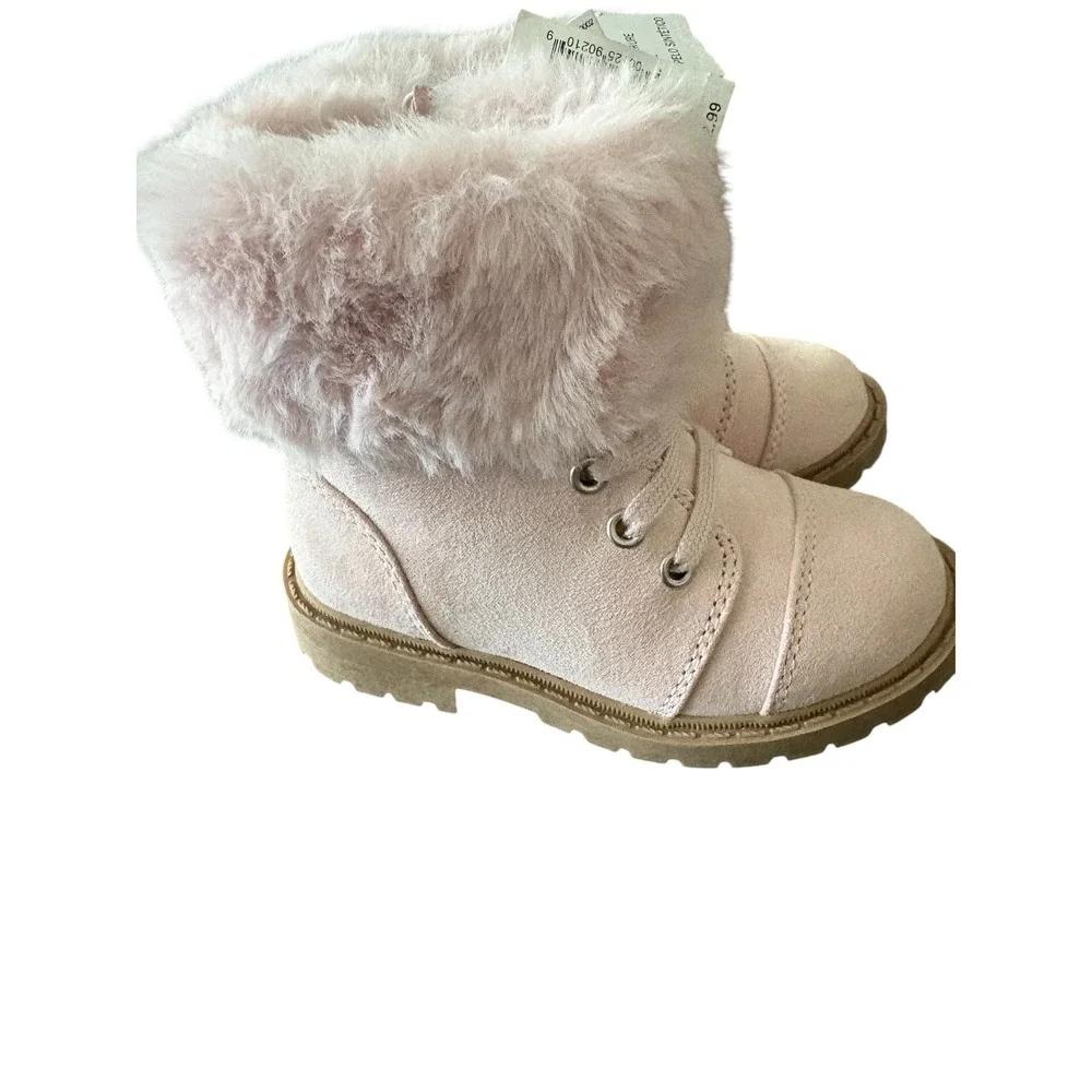 Pink Faux Suede Toddler Boots with Faux Fur Trim Side Zip Lug Sole Size 6 NEW‎